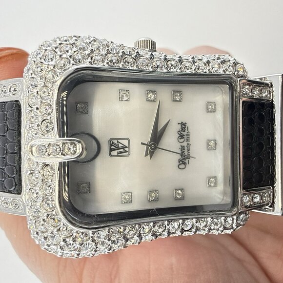 Victoria Wieck Watch Buckle Hinged Cuff Crystal Rhinestone Silver Tone Black HSN main image 8